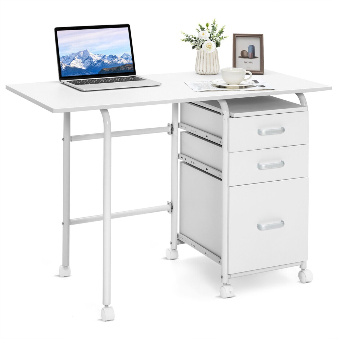 Folding Computer Laptop Desk Wheeled Home Office Furniture W/3 Drawers White